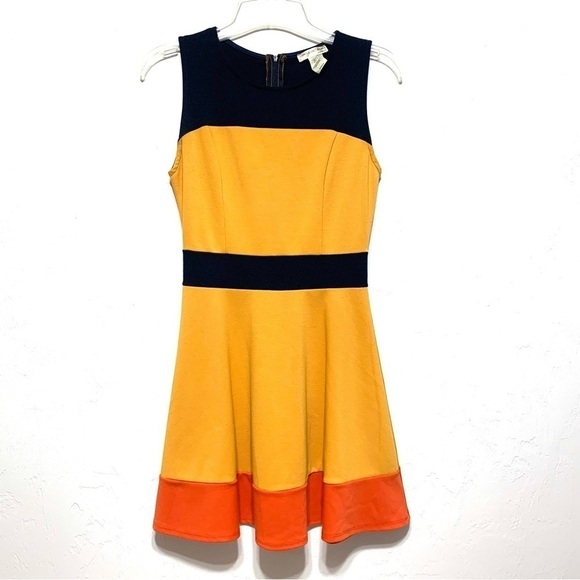 a'gaci Yellow Gold & Navy Fit & Flare Tank Dress Round Neck size Small - Picture 1 of 4